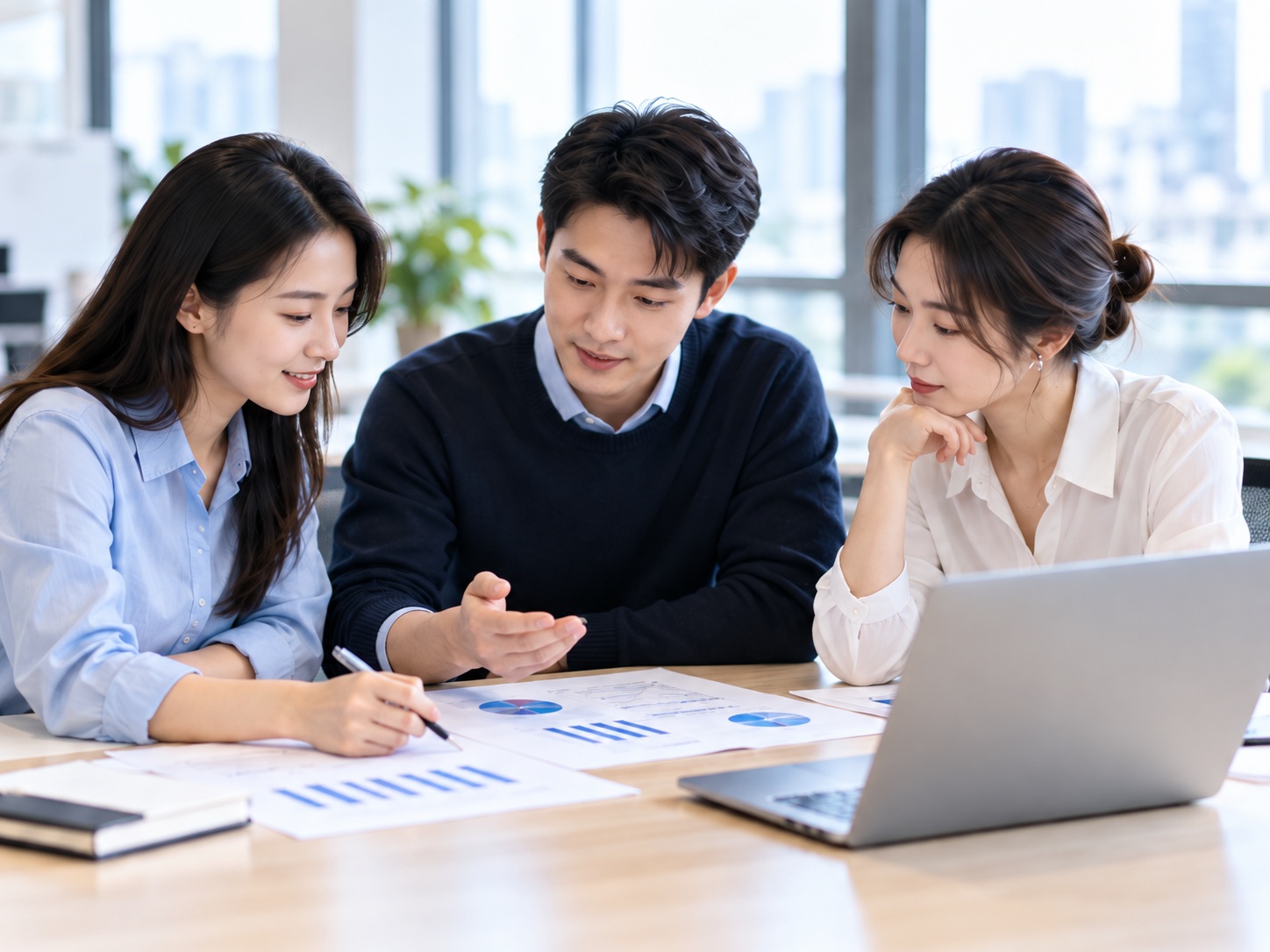 三位业务人员共同学习,AI 生成场景示意